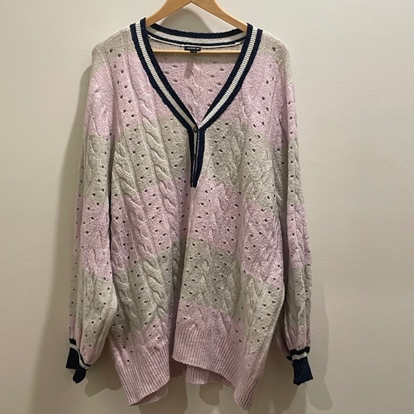 torrid Sweaters - Torrid Pink Grey Striped Cable Knit Pointelle V-Neck Sweater Womens Plus Size 4